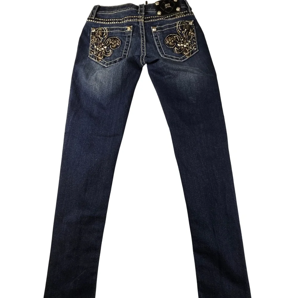 Miss Me‎ Womens Dark Wash Fleur De Lis Embroidered Skinny Jeans JP5576S2 Size 26